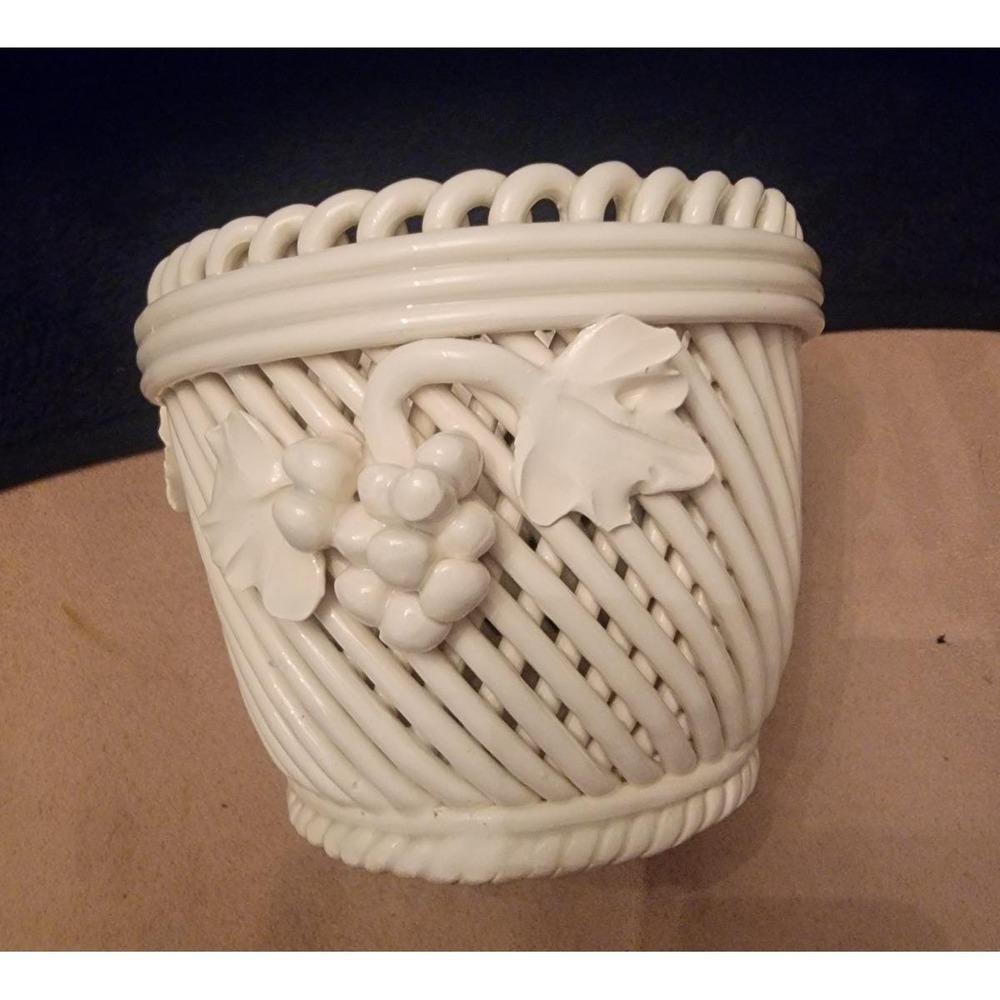 Vintage Made in Italy Ceramic Lattice Basket Planter Grape Vine White 4 inch